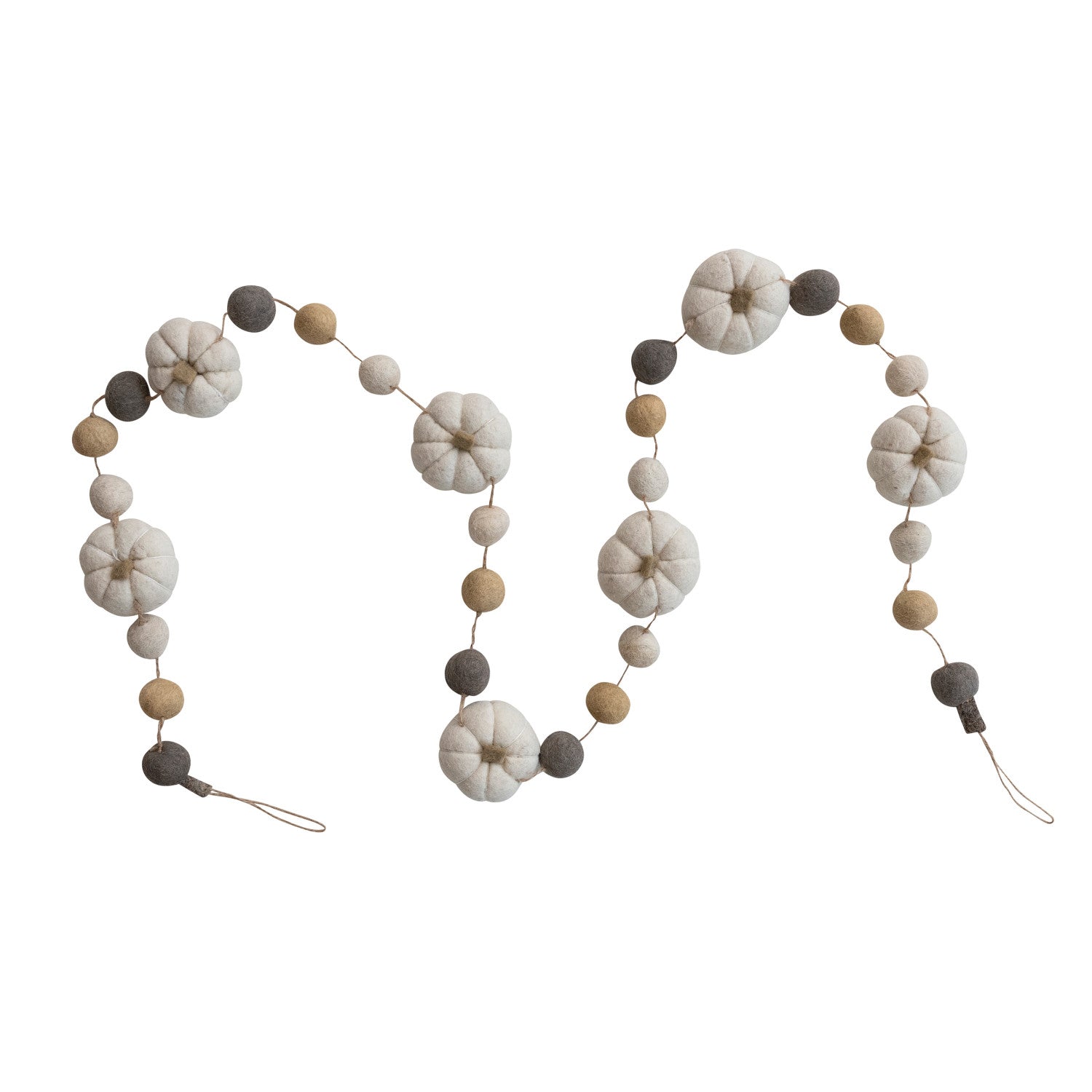Handmade Wool Felt Pumpkin & Ball Garland with Jute Cord, Cream, Tan Color & Grey