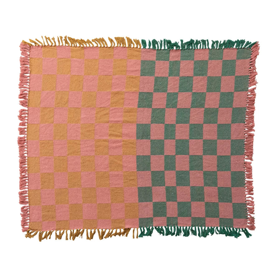 Woven Recycled Cotton Blend Two-Tone Checked Throw with Fringe