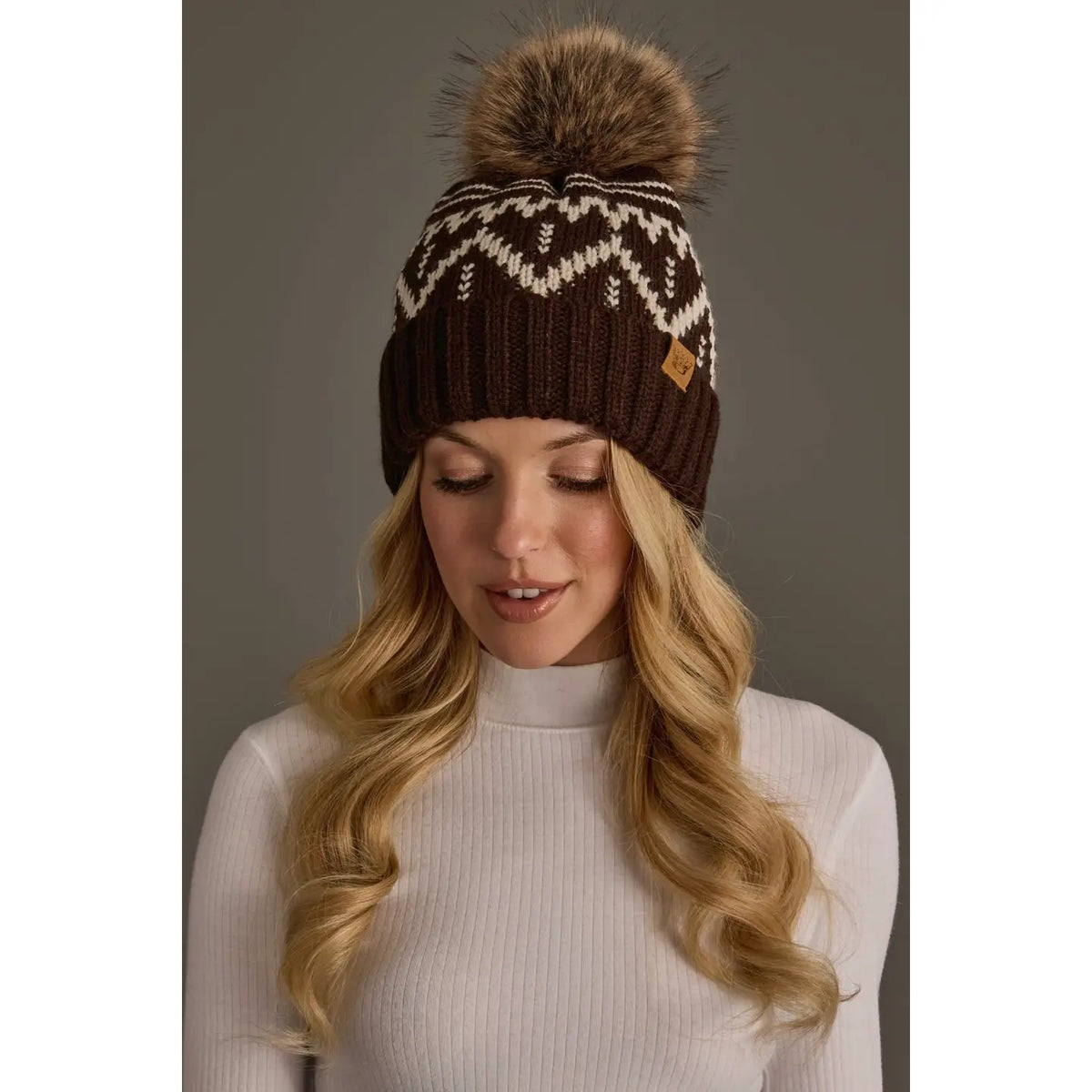 Chocolate Brown & Beige Patterned Pom Hat