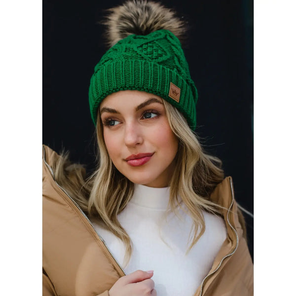 Classic Green Cable Knit Pom Hat