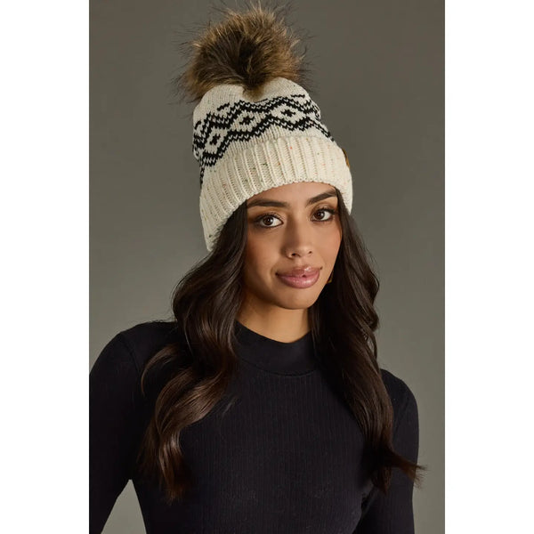 Cream & Speckled Pattern Pom Knit Hat