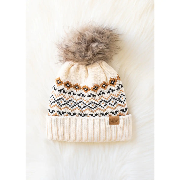 Cream, Black, Camel Patterned Pom Hat