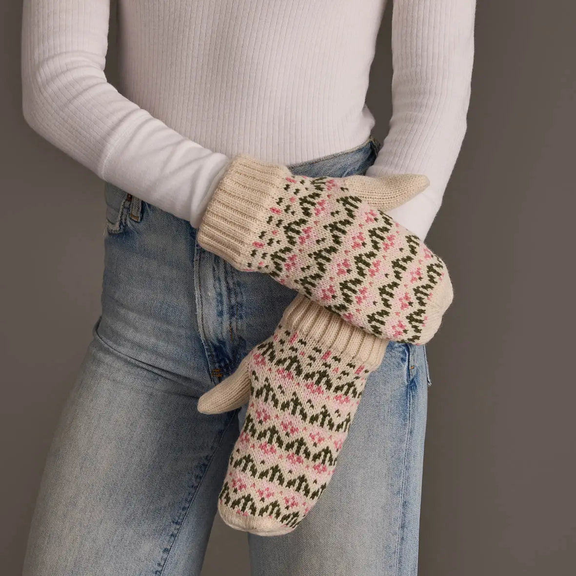 Cream & Pink Floral Pattern Mittens