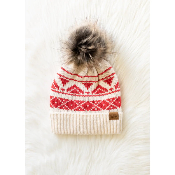 Cream & Red Patterned Pom Hat