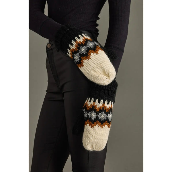 Cream, Rust, Black, Gray Patterned Mittens