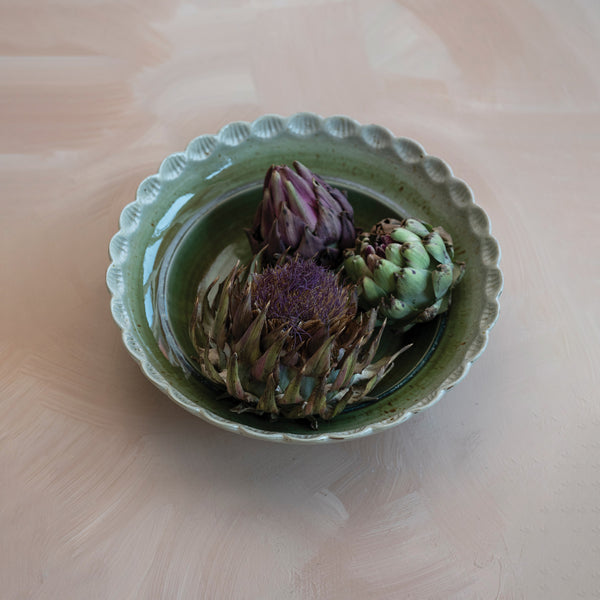 Stoneware Bowl w/ Scalloped Edge- Green