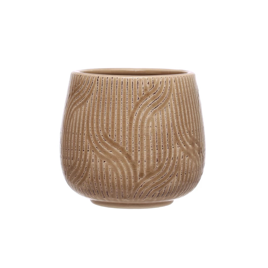 Debossed Stoneware Planter, Beige