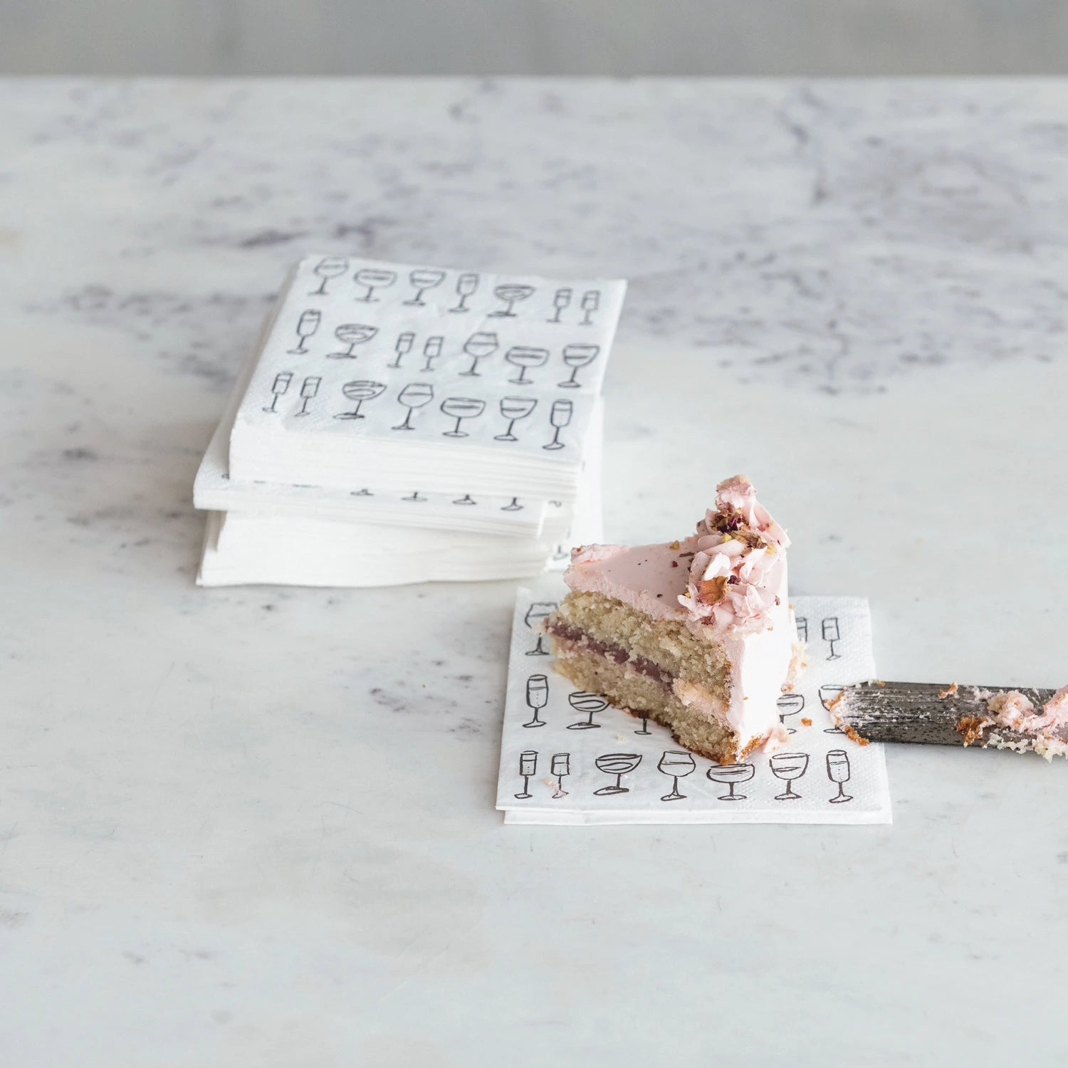 4" Square Paper Cocktail Napkins w/ Wine Art, White & Black