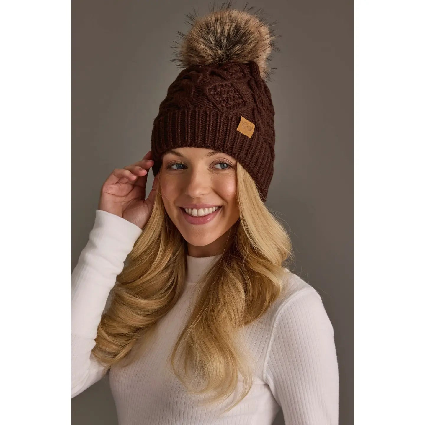 Dark Brown Cable Knit Pom Hat