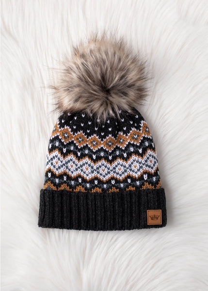 Dark Gray, White, Mustard Patterned Pom Hat