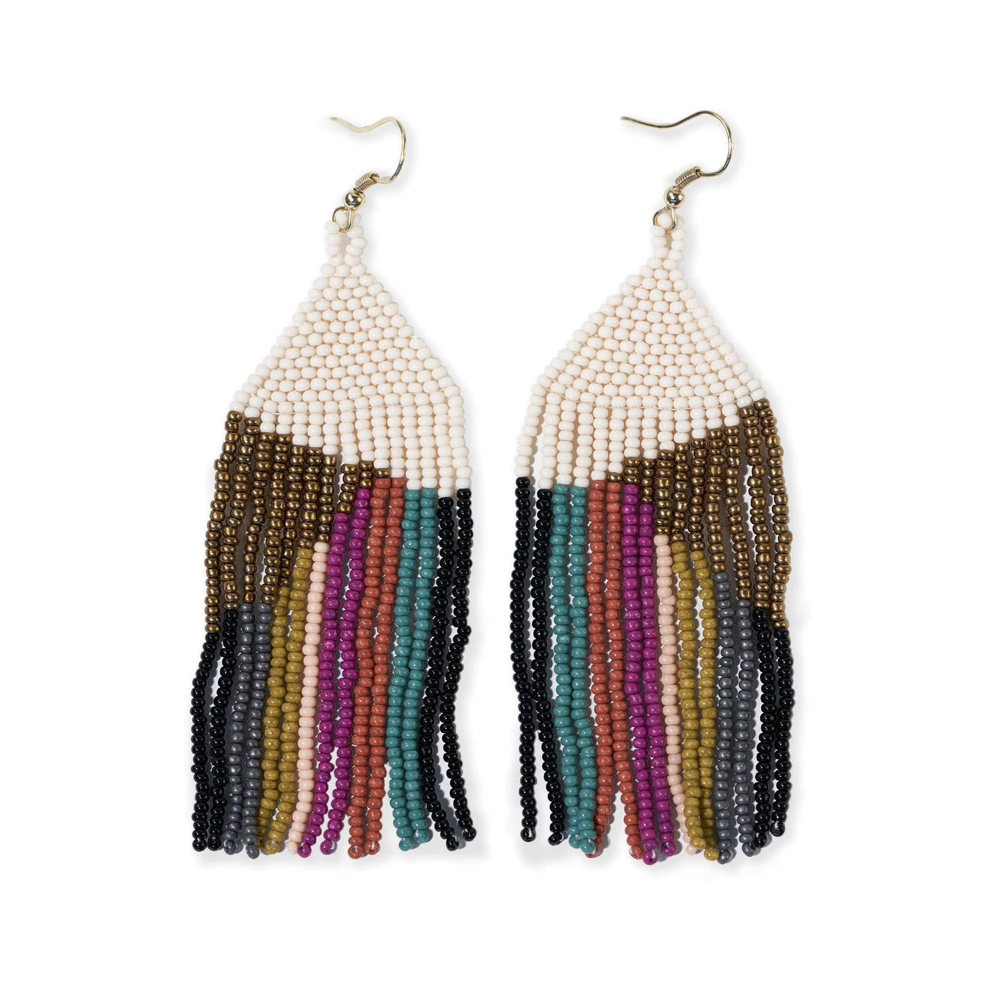 Ink & Alloy Elise Angle with Stripes Beaded Fringe Earrings Muted Rainbow