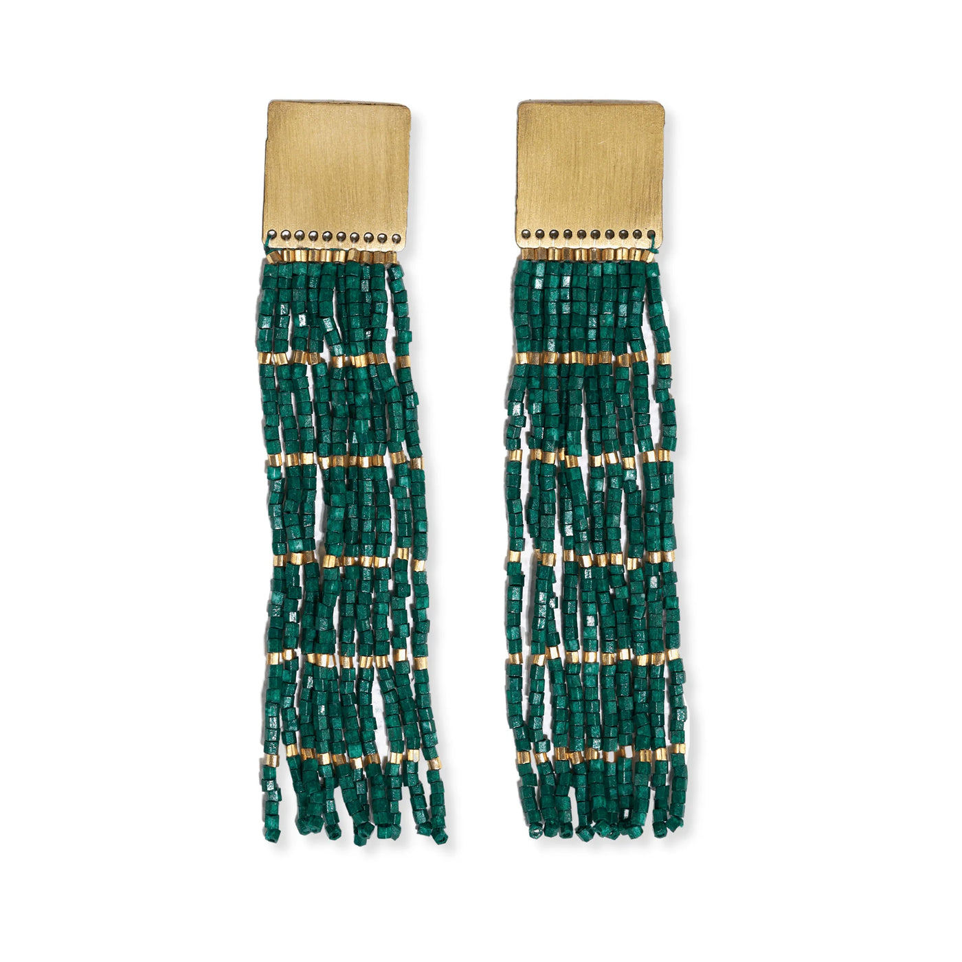 Ink & Alloy Harlow Brass Top Solid With Gold Stripe Beaded Fringe Earrings Emerald