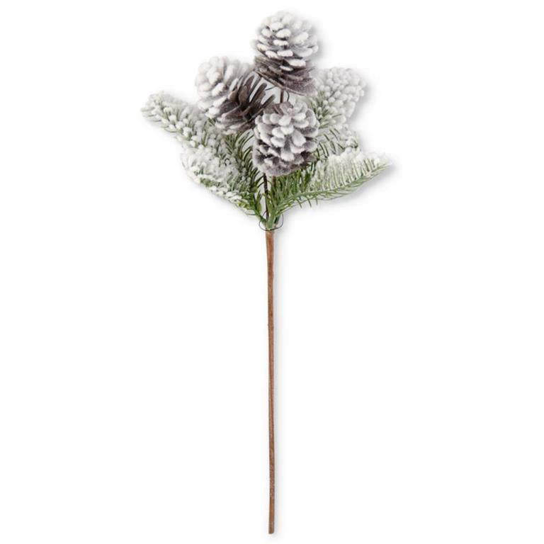 16 Inch Flocked Fir and 3 Pinecone Stem