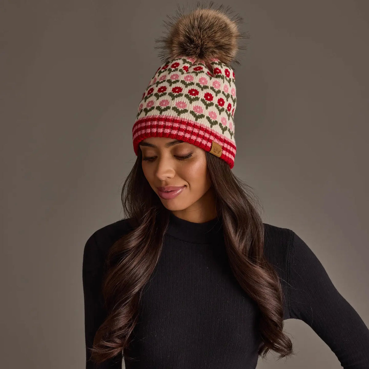 Cream, Red & Pink Floral Pattern Pom Hat