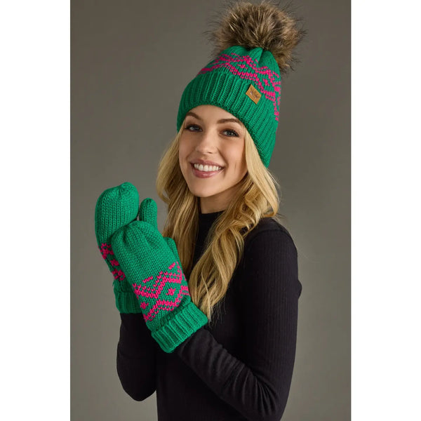 Green & Pink Patterned Pom Hat