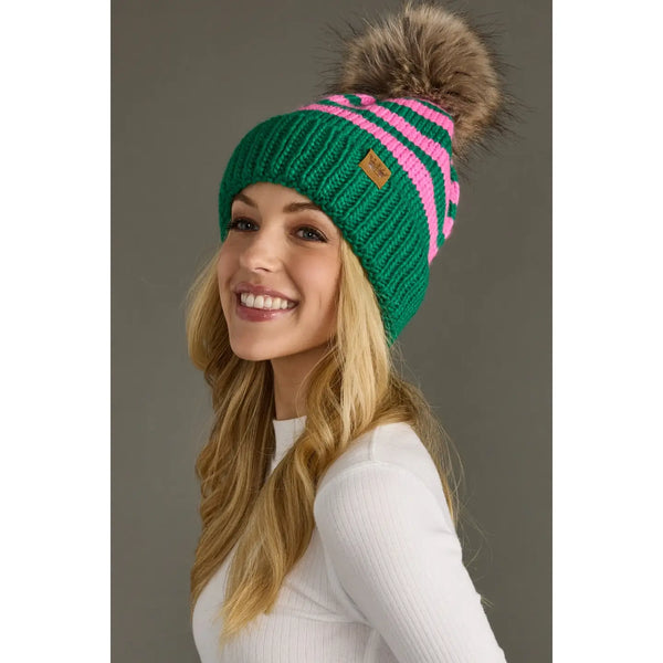 Green & Pink Striped Pom Hat