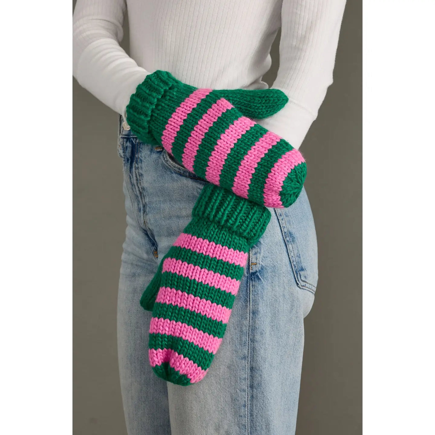 Green & Pink Striped Mittens
