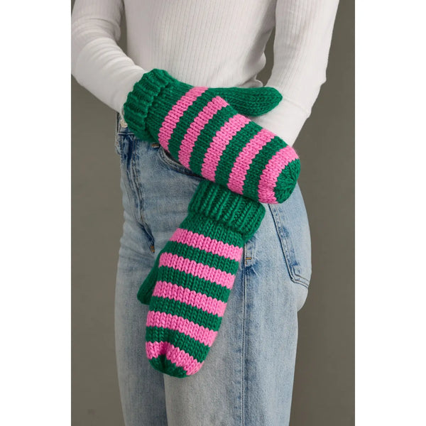 Green & Pink Striped Mittens