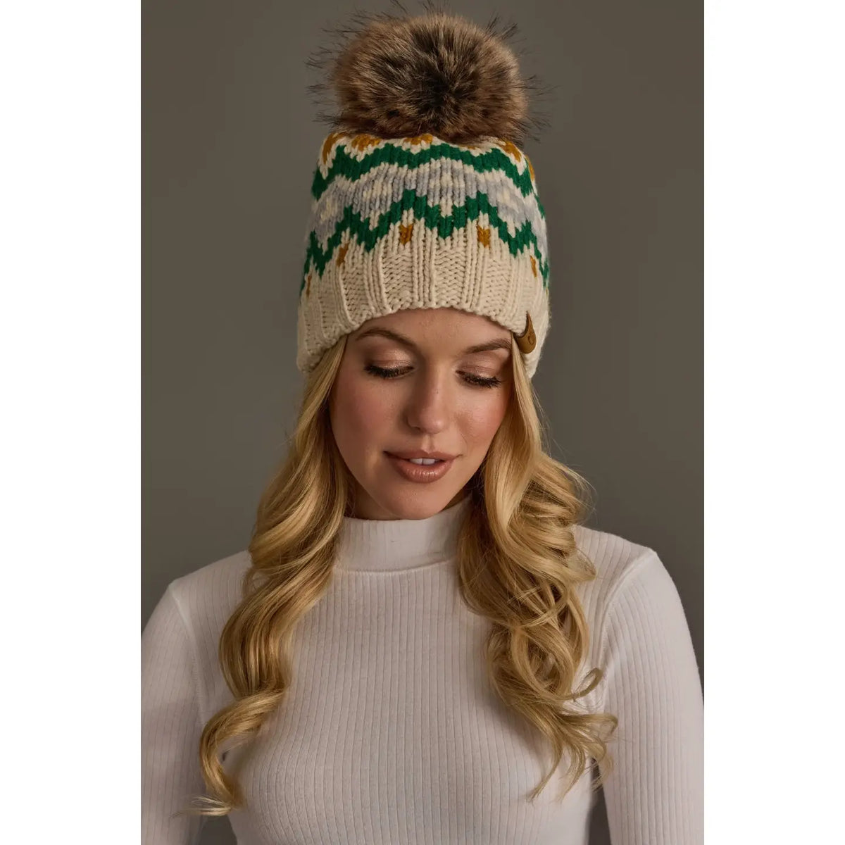 Cream, Gold, Green & Gray Patterned Pom Hat