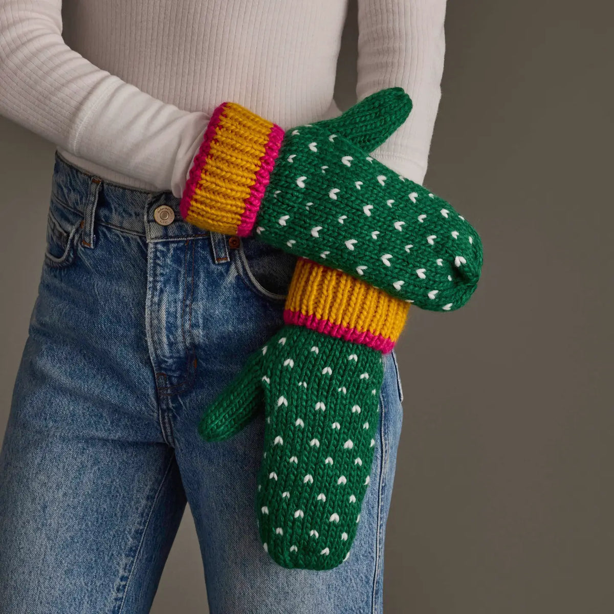 Green, White & Mustard Heart Design Mittens