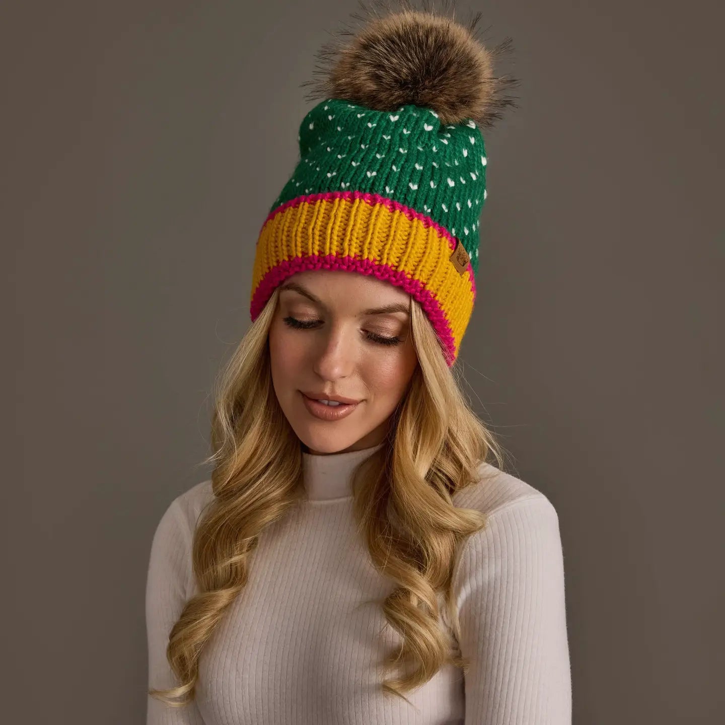 Green, White & Mustard Heart Design Pom Hat