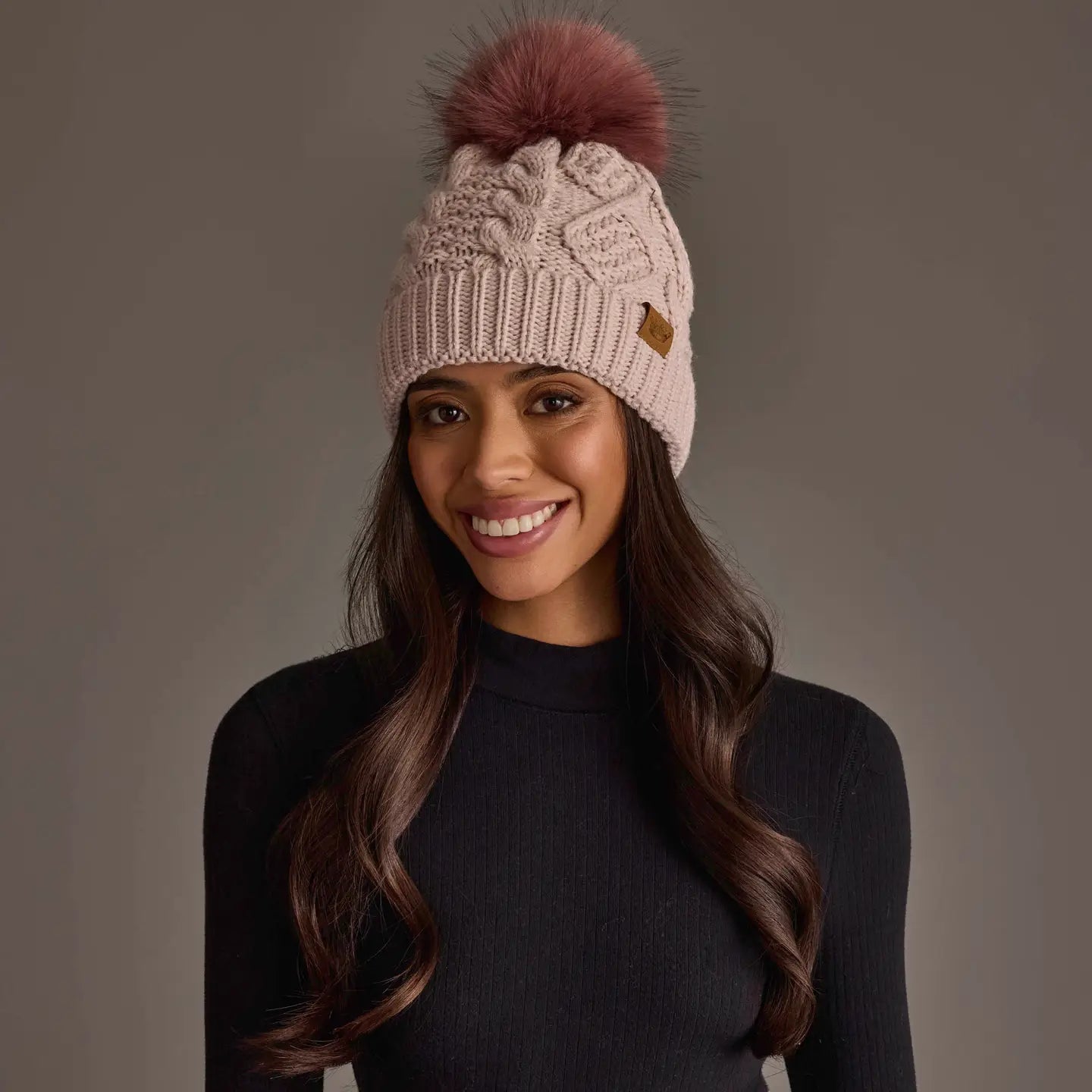 Lt. Pink Cable Knit Hat with Dk. Pink Pom