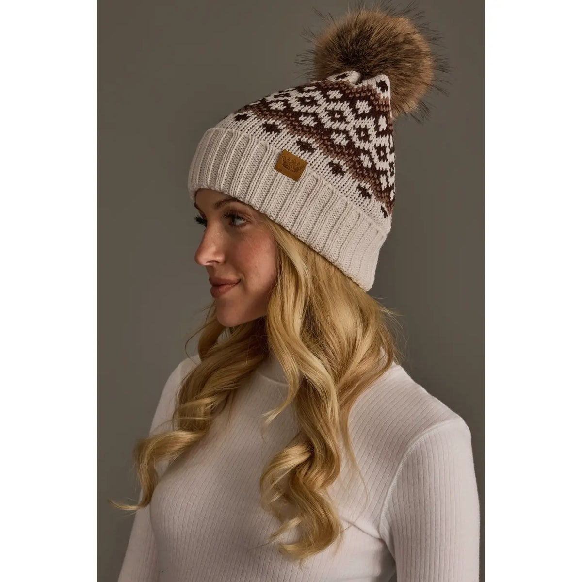 Lt. Taupe, Brown & Mocha Patterned Pom Hat