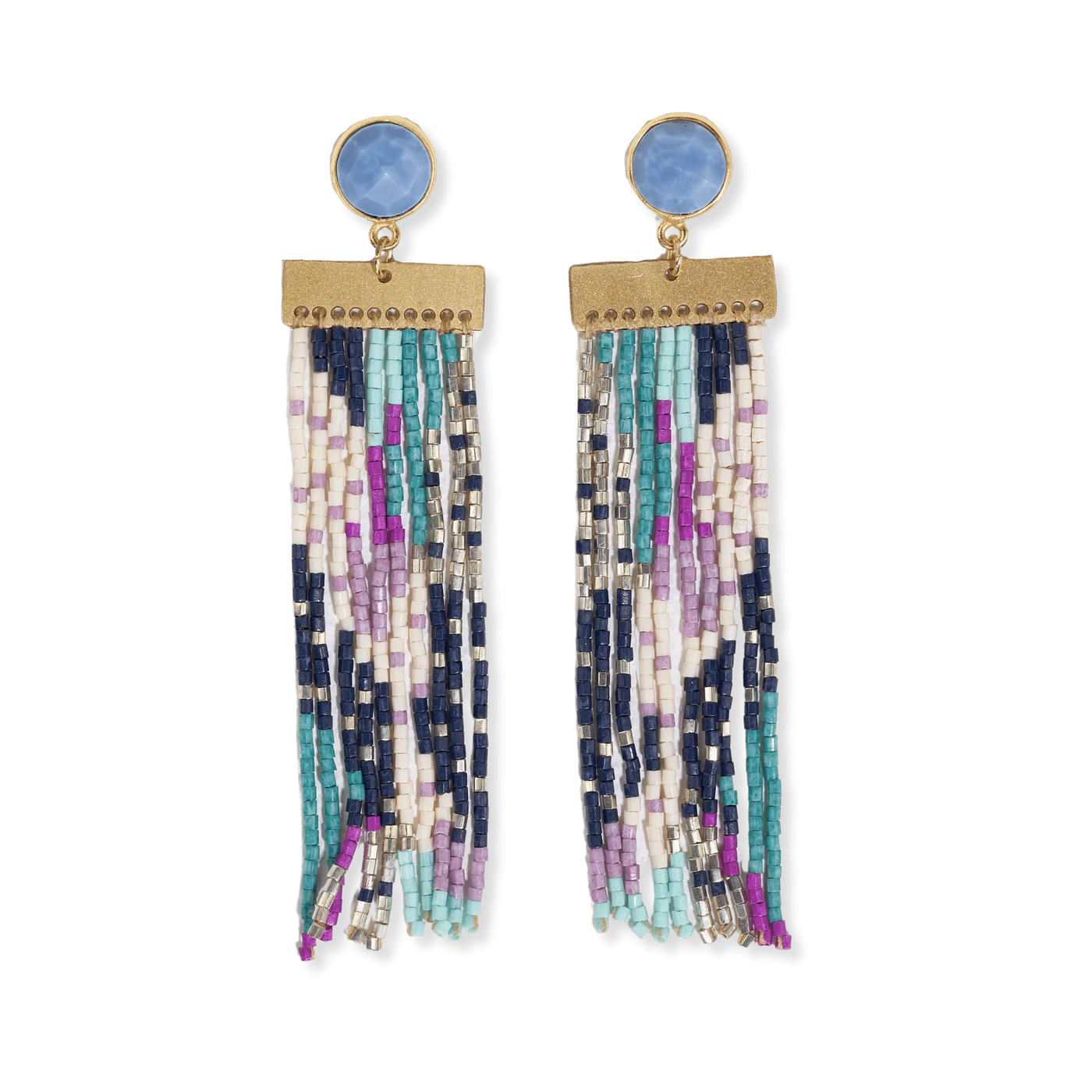 Ink & Alloy Lilah Semi-Precious Stone Post With Organic Shapes Beaded Fringe Earrings Light Blue Wholesale