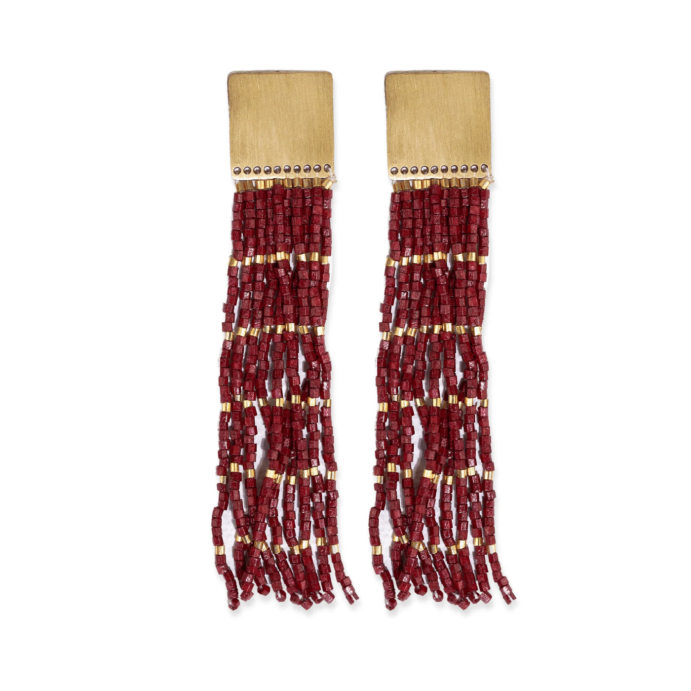 Ink & Alloy Harlow Brass Top Solid With Gold Stripe Beaded Fringe Earrings Maroon Wholesale