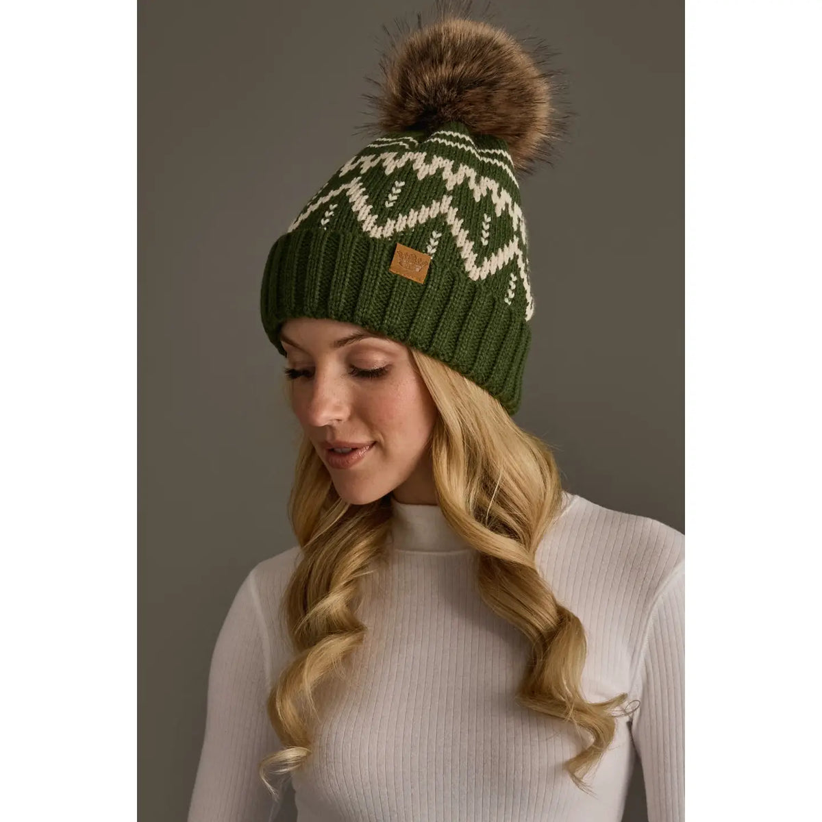 Olive & Beige Patterned Pom Hat