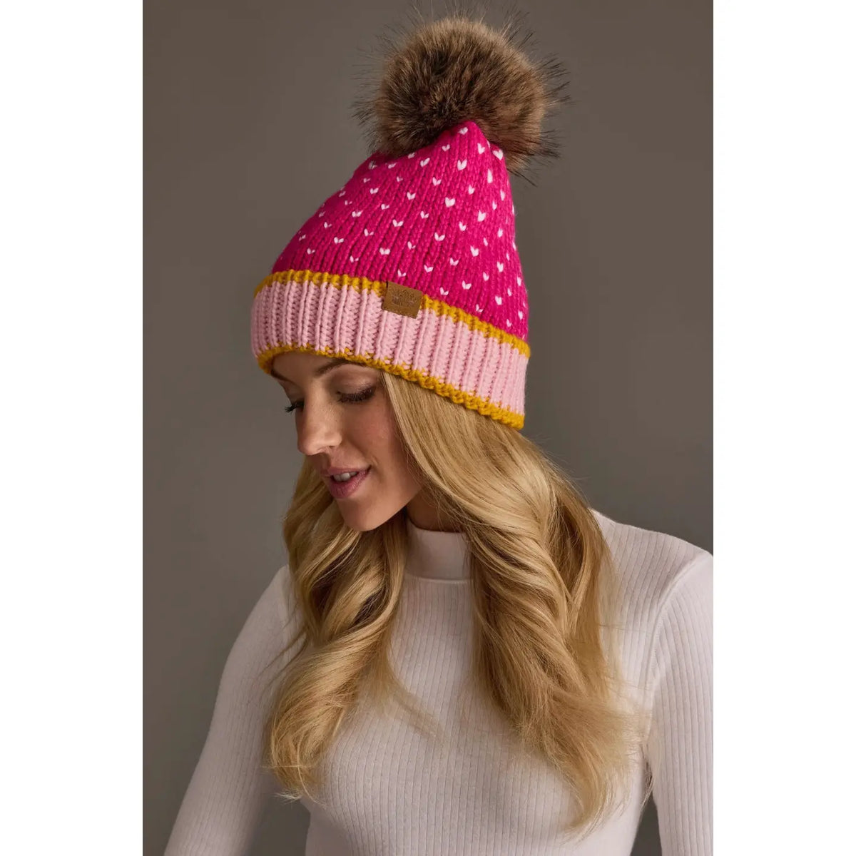Pink, White & Lt. Pink Heart Design Pom Hat