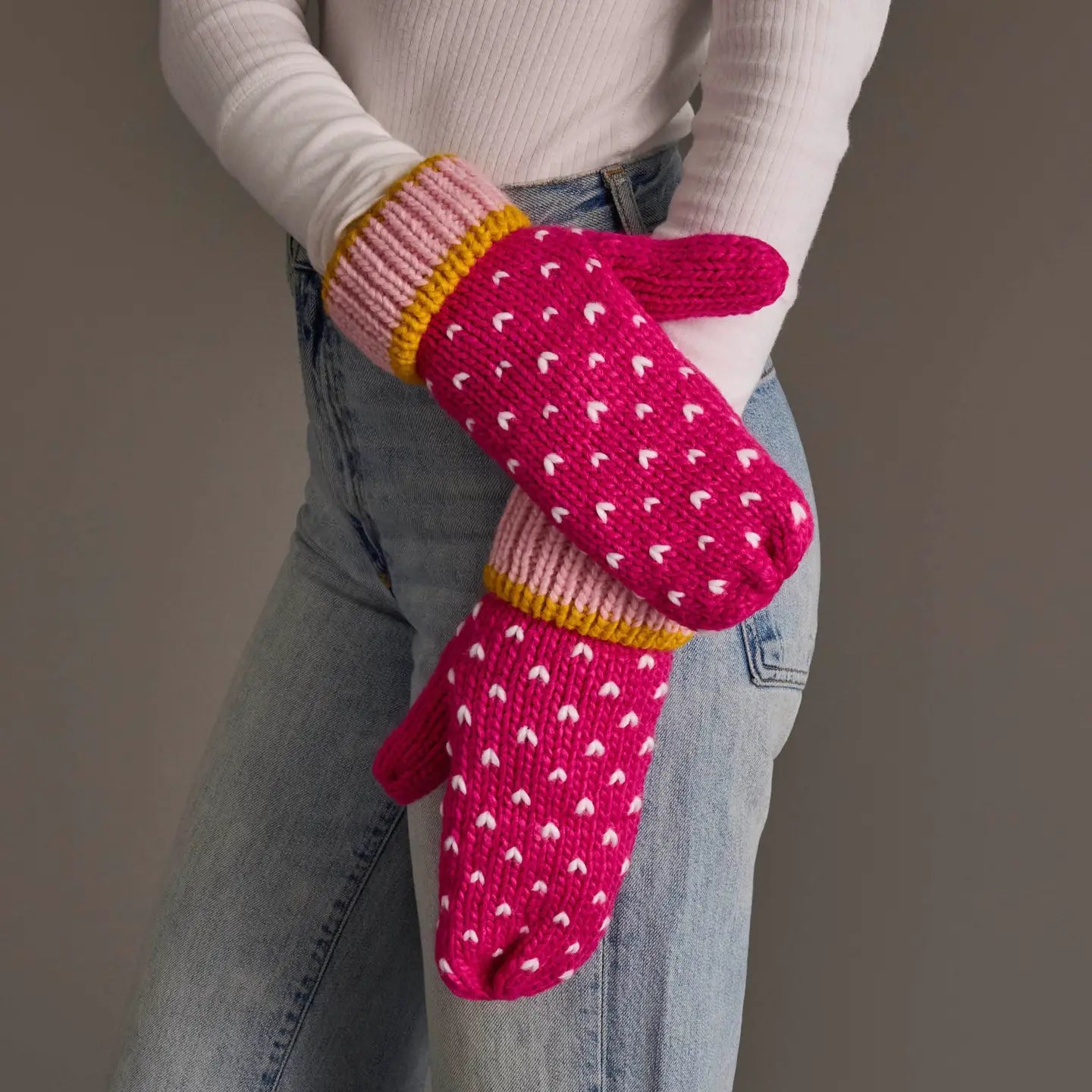 Pink, White & Lt. Pink Heart Design Mittens
