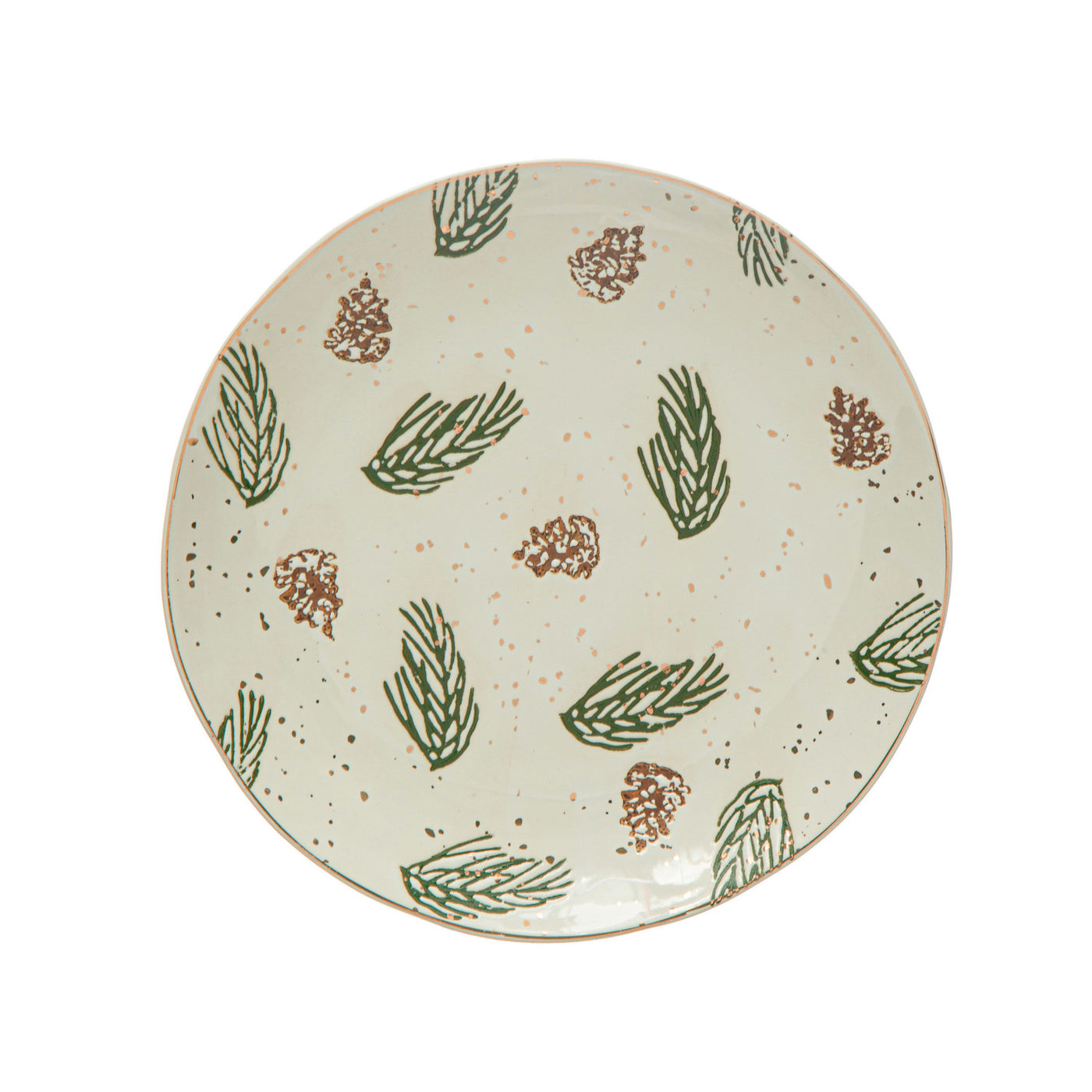 Round Stoneware Plate w/ Pinecones- Green, White, and Gold