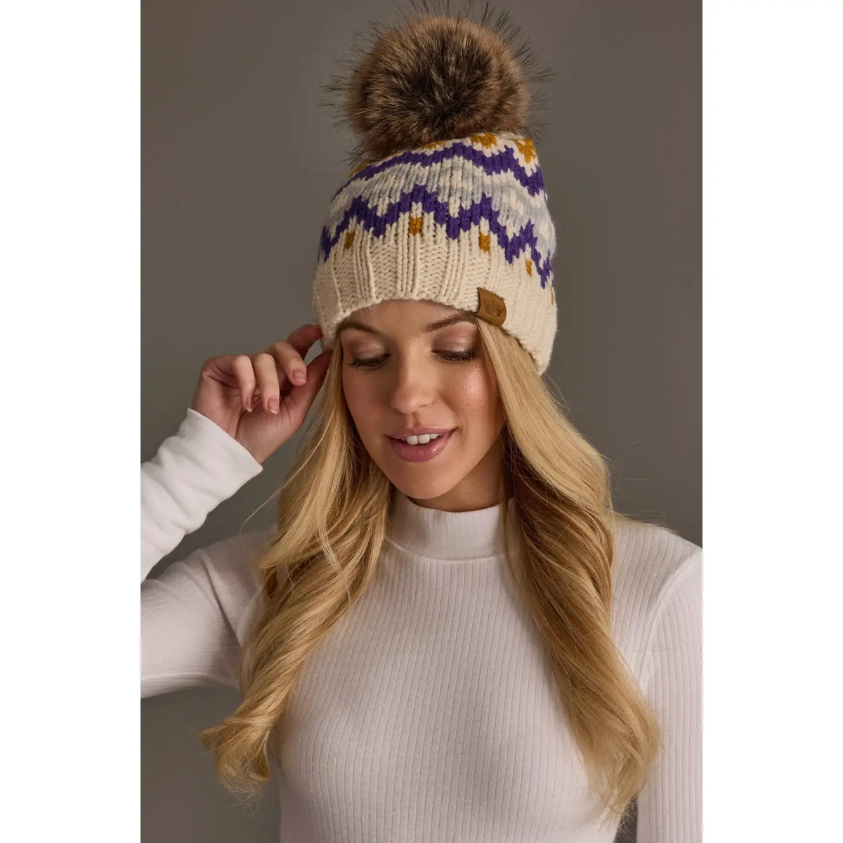 Cream, Gold, Purple & Gray Patterned Pom Hat