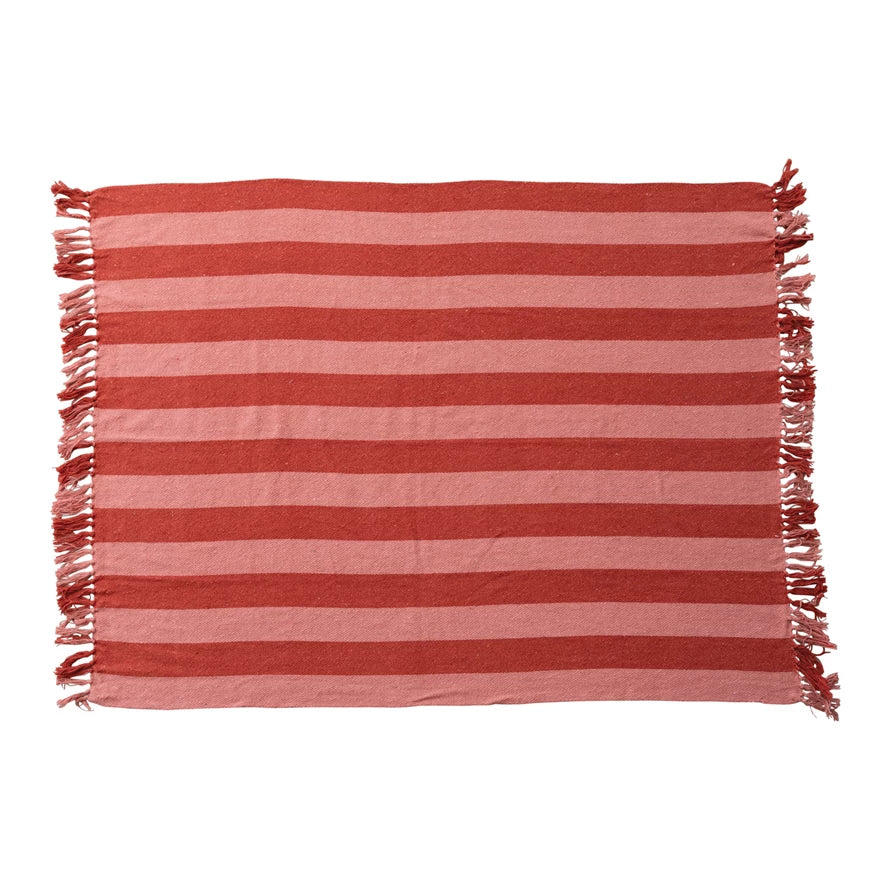 Woven Recycled Cotton Blend Throw with Stripes & Fringes