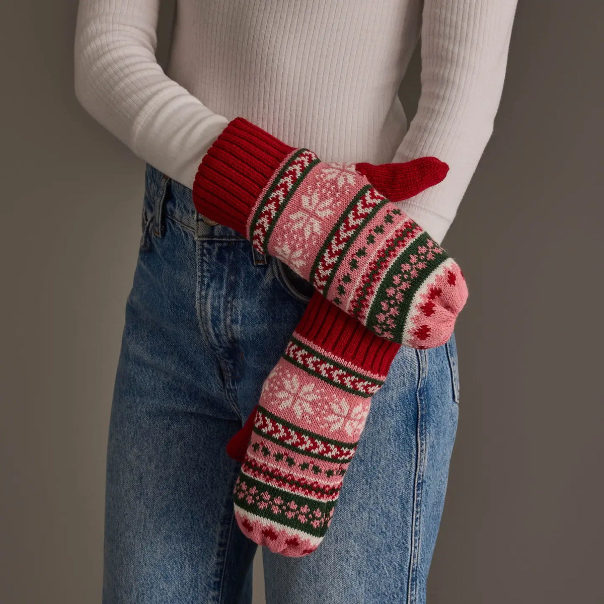 Red, Pink & Green Christmas Pattern Mittens