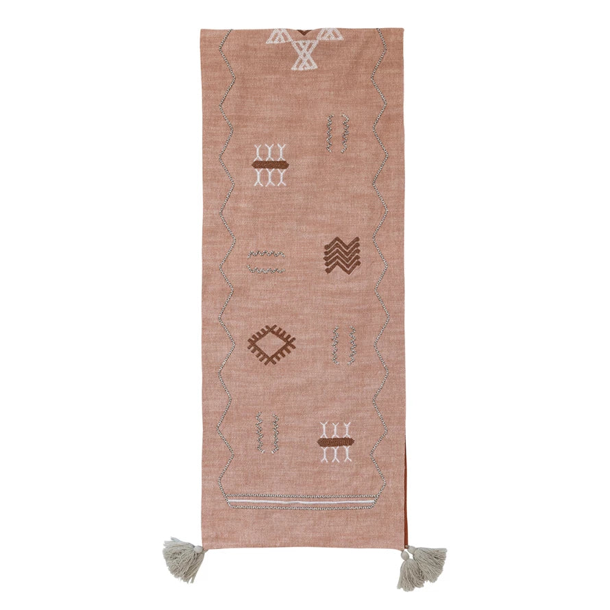 Cotton Table Runner w/ Embroidered Moroccan Design- Clay