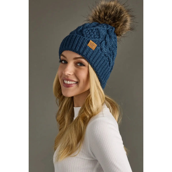 Steel Blue Cable Knit Pom Hat
