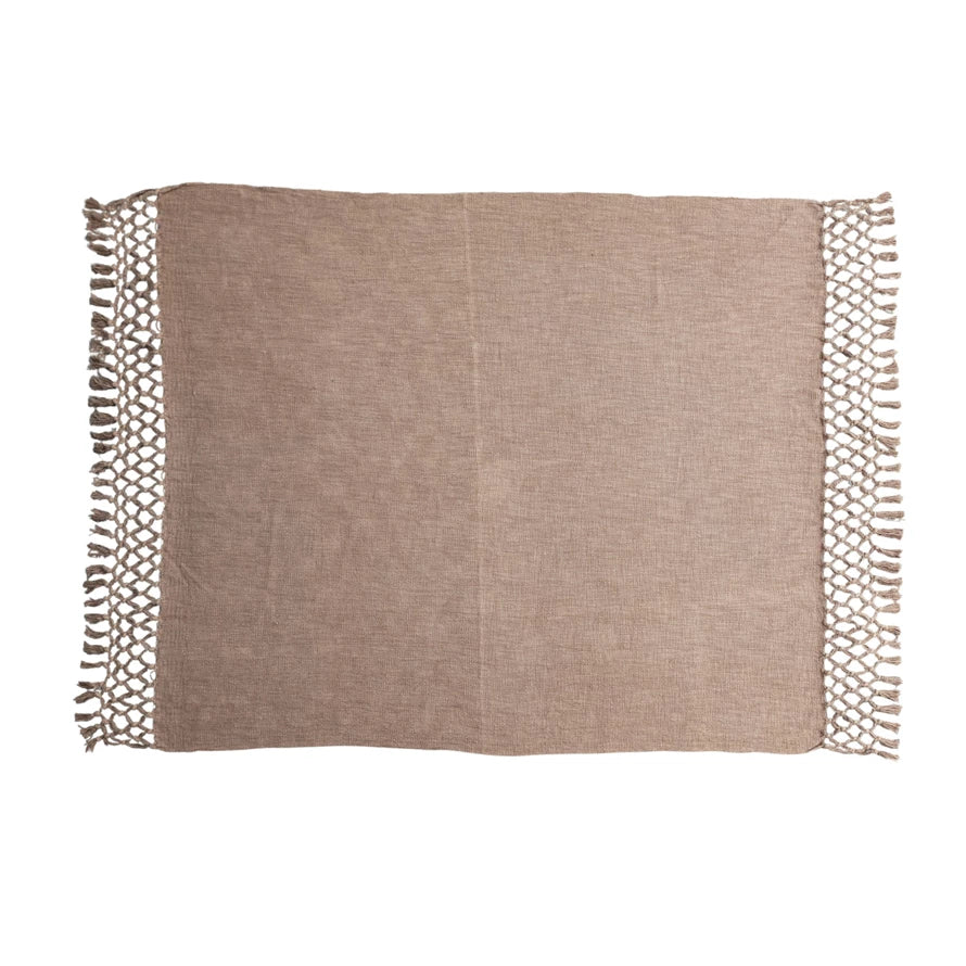 Woven Cotton Slub Throw w/ Crochet & Fringe, Brown