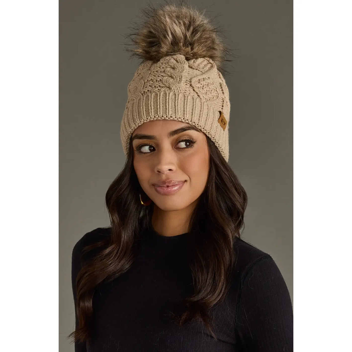 Taupe Cable Knit Pom Hat
