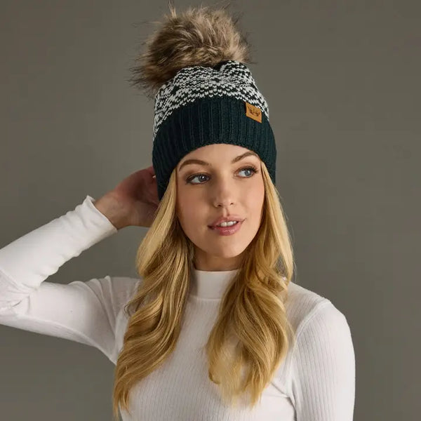 Dark Teal & White Patterned Pom Hat