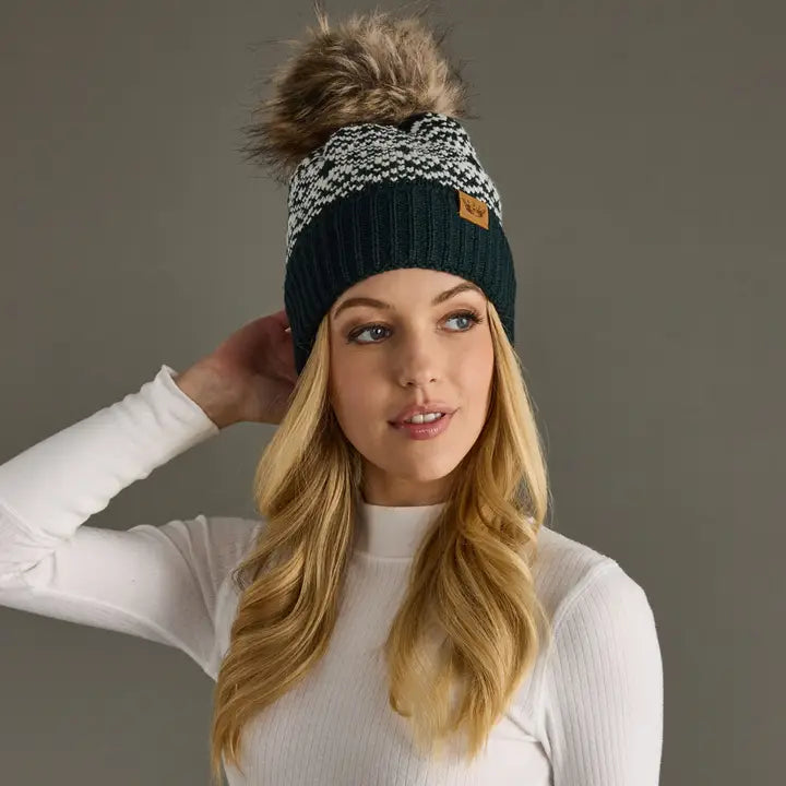 Dark Teal & White Patterned Pom Hat