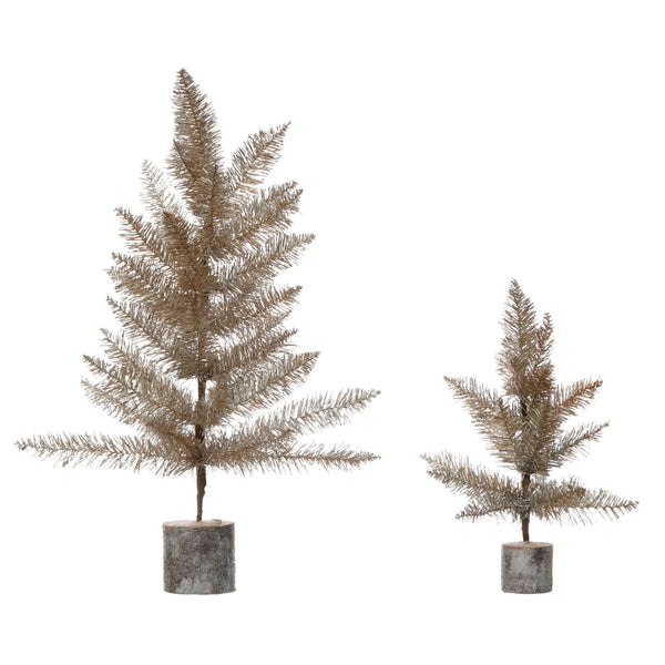 Tinsel Tree w/ Wood Slice Base- Silver & Gold Finish