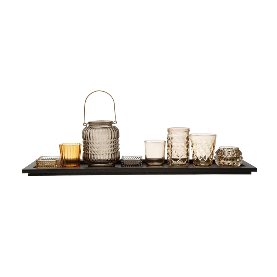 Embossed Glass Tealight Set- Black Tray