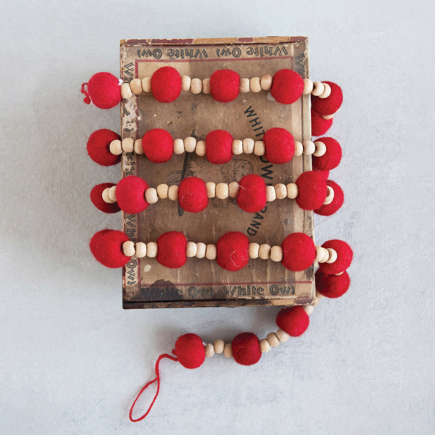 Wool Felt Ball Garland w/Wood Beads- Red & Natural