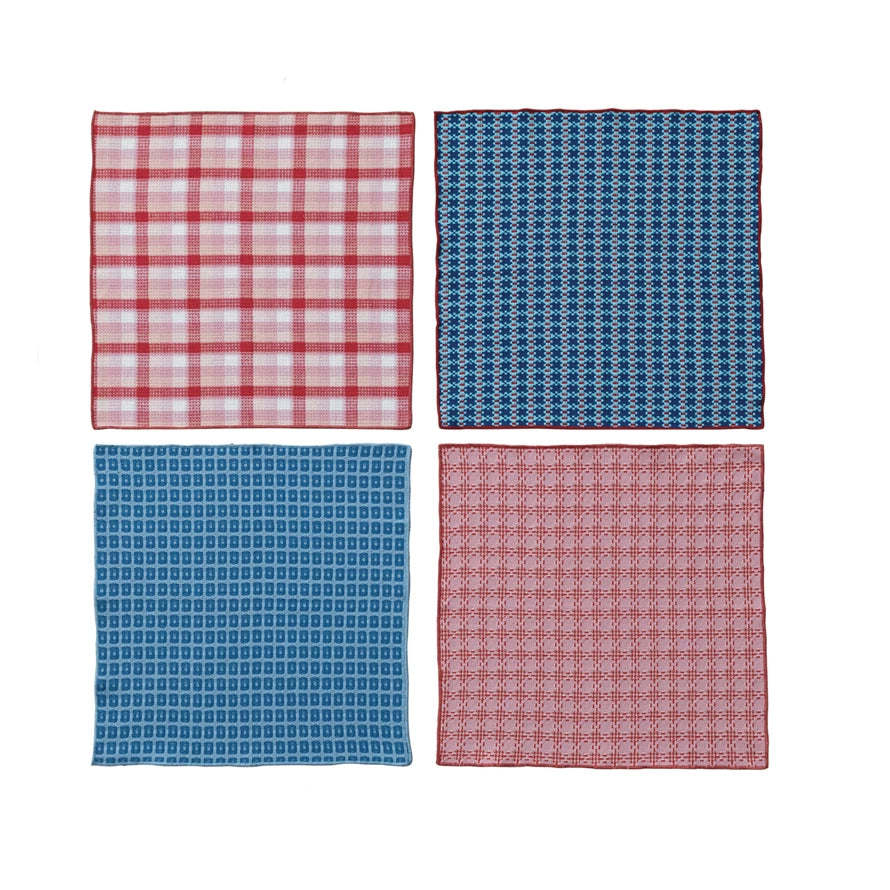 Woven Cotton Waffle Weave Napkins w/ Pattern & Stitched Edge, Set of 4