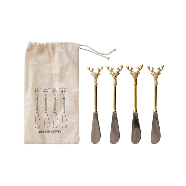 Stainless Steel & Brass Canape Knives Set- Deer