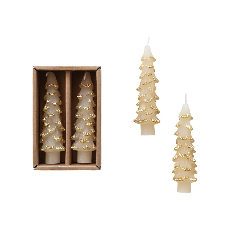 Tree Shaped Taper Candles Unscented Cream w/ Gold