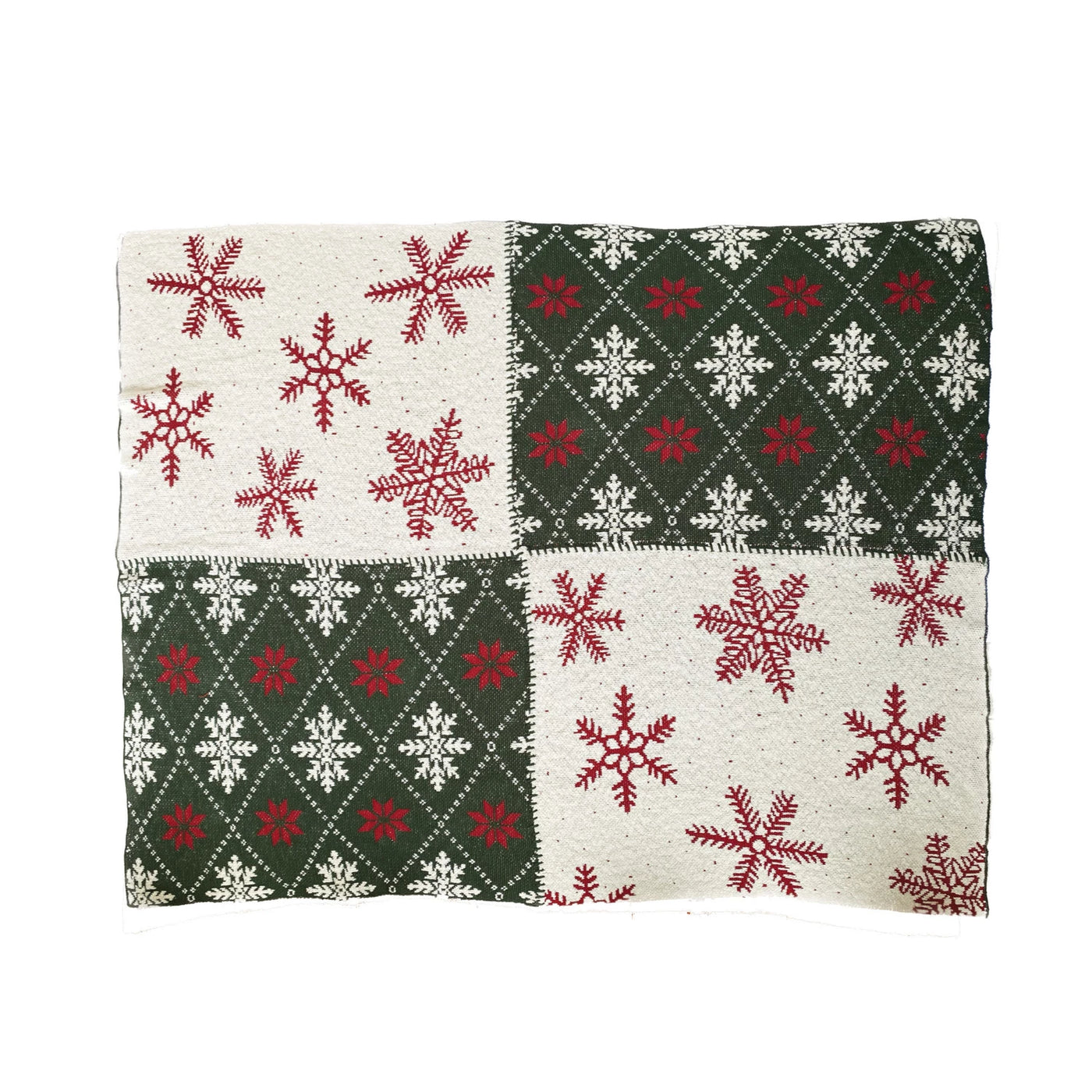 60"L x 50"W Cotton Knit Throw w/ Snowflake Patterns, Cream Color, Red & Green Plaid