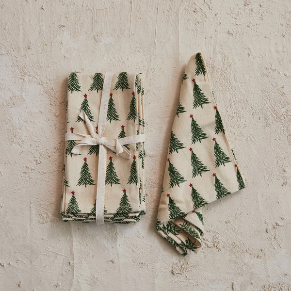 Cotton Printed Napkins w/ X-mas Tree Pattern